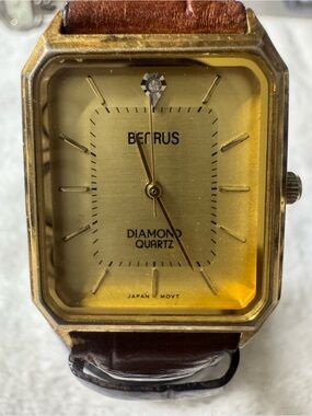 Benrus Gold-Tone Diamond Accent Quartz Watch with Brown Leather Strap